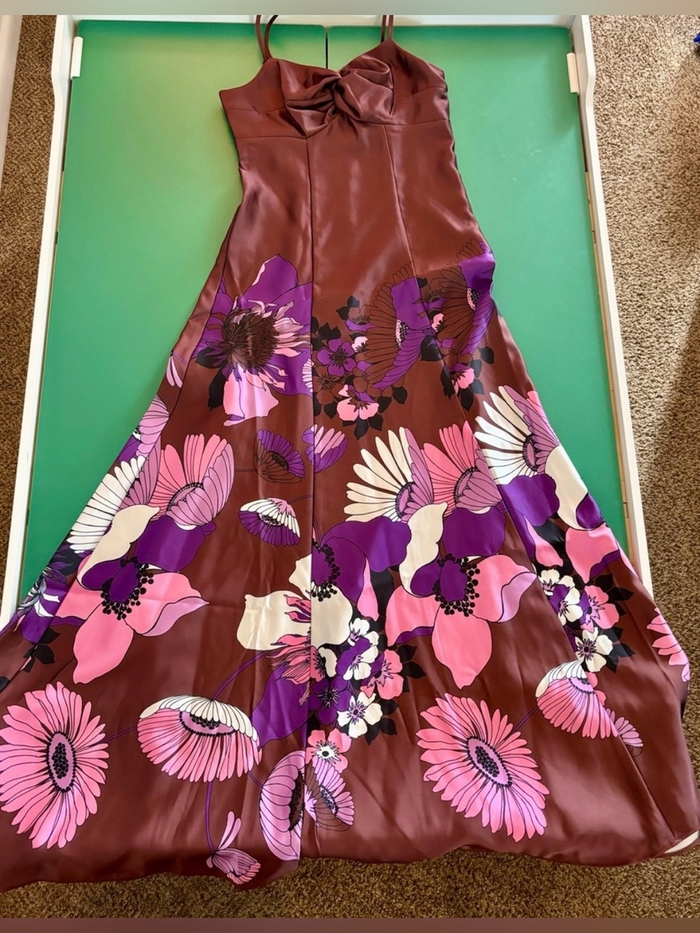 Express Size XS Satin Floral Maxi Dress in Burgundy with Pink & Purple Blooms